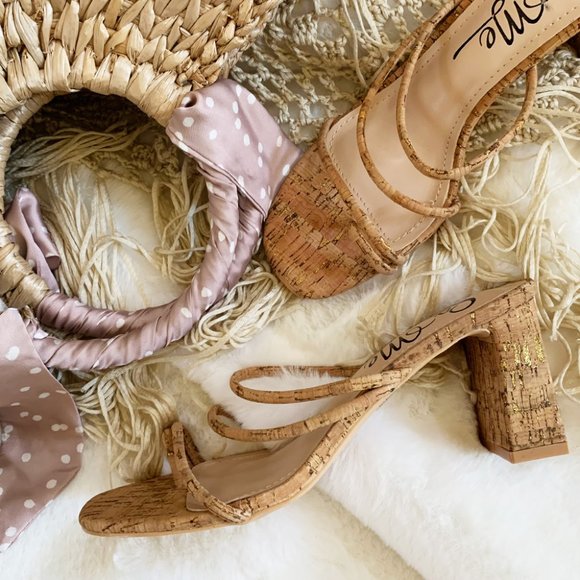 NEW🔥Cork Strappy Block Heel Slide Sandal Open Toe - Picture 2 of 5
